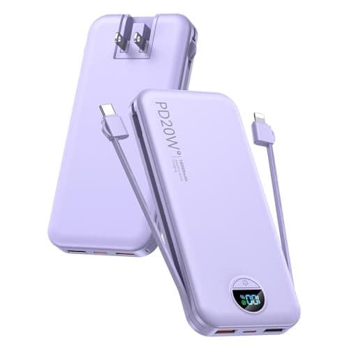 Portable Charger, 10000mAh PD20W USB C Fast Charging Power Bank with Built-in Cables and AC Wall Plug, Smart LED Display Travel Essentials Battery Pack Compatible with iPhone, iPad, Samsung