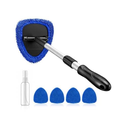 AstroAI Windshield Cleaner Tool, Car Interior Detailing Cleaning Kit with Extendable Handle and 4 Upgraded High-Density Reusable Microfiber Pads, Auto Glass Wiper Brush Kit for Cars, Blue, 1