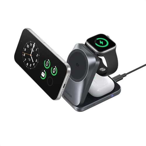 Anker Prime 3-in-1 Charging Station, AirCool Wireless Charger, Qi2 25W Certified Palm-Sized Foldable MagSafe Charger Compatible with iPhone 17, Apple Watch, AirPods (Non-Battery, with Adapte