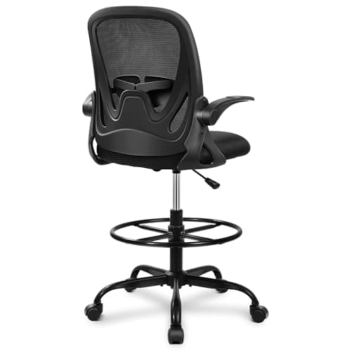 Primy Drafting Chair Tall Office Chair with Flip-up Armrests Executive Ergonomic Computer Standing Desk Chair with Lumbar Support and Adjustable Footrest Ring (Black) 934-Z Black