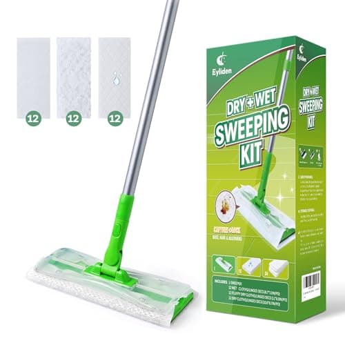 Eyliden Sweeper Mop with 36 Refills - 3 Types of Disposable Dry & Wet Cloths | Lock-Tight Design No Lost Pads, Universal Refills, Multi-Surface Sweeping Starter Kit for Pet Hair, Dust, Floor