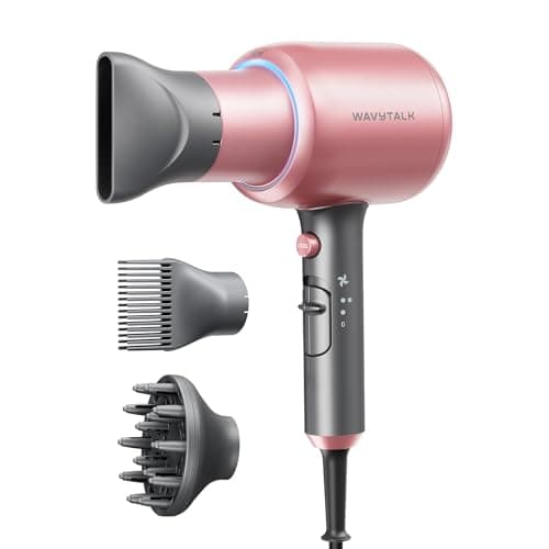 Wavytalk Hair Dryer, Blown Away Ionic Hair Dryer for Curly Hair with Diffuser, 1875W Fast Drying Blow Dryer with Ceramic Technology, 3 Attachments for All Hair Types, Light and Quiet, Rose G