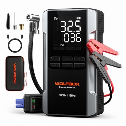 WOLFBOX 3000A Jump Starter with Air Compressor, 59.2Wh&160PSI Portable Car Battery Jump Starter with 65W Fast Charging, 12V Battery Pack (8L Gas 6L Diesel Engine) with Boost, Light and Jumpe