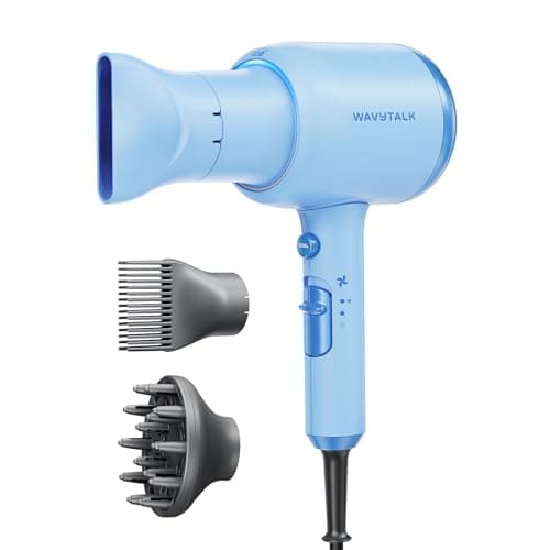 Wavytalk Hair Dryer, Blown Away Ionic Hair Dryer for Curly Hair with Diffuser, 1875W Fast Drying Blow Dryer with Ceramic Technology, 3 Attachments for All Hair Types, Light and Quiet, Light