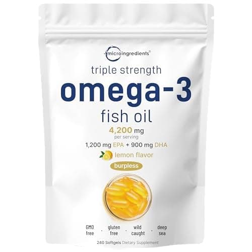 Micro Ingredients Triple Strength Omega 3 Fish Oil Supplements 4200mg Per Serving, 240 Softgels – Lemon Flavored – Burpless | EPA 1200mg + DHA 900mg | Deep Sea Fish