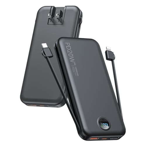 Portable Charger, 10000mAh PD20W Fast Charging Power Bank with Built-in Cables & Wall Plug, External Battery Pack with LED Display, Travel Essentials Battery Bank for iPhone, iPad, Samsung M