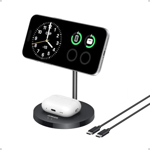 Anker MagSafe Compatible MagGo Charger Stand, iPhone 17 Wireless Charger, 2-in-1 Charging Station, Qi2 Certified 15W Fast Charging, for iPhone 17/16/15/14/13/12, AirPods Pro (Black, No Adapt