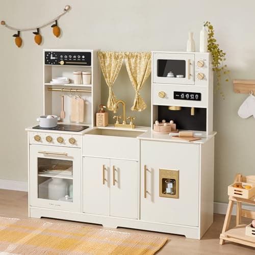 Tiny Land Play Kitchen for Kids, Toy Kitchen Set with Plenty of Play Features, New Modern Kids Wooden Play Kitchen Designed in Trendy Home Style with Curtains, Gift for Ages 3+ White Play Ki