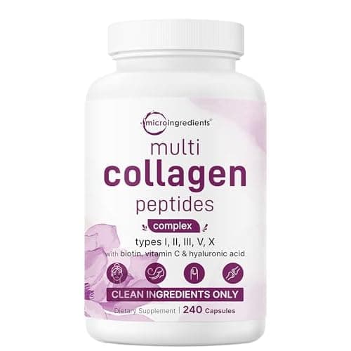 Micro Ingredients Multi Collagen Pills for Women & Men, 240 Capsules | Type I, II, III, V, X | Hydrolyzed Peptides with Biotin, Hyaluronic Acid, & Fat Soluble Vitamin C Complex | Non-GMO, Fi