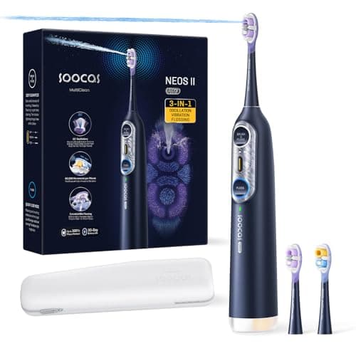Soocas NEOS II Ultra – Electric Toothbrush with Water Flosser Combo, 3-in-1: Flosses, Vibrates and Oscillates, Flossing Toothbrush for Adults, Cordless Water Flosser for Travel, Midnight Blu