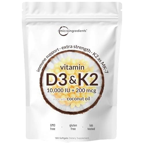 Micro Ingredients Vitamin D3 10,000 IU + K2 MK-7 200 mcg, 180 Softgels with Virgin Coconut Oil | 2-in-1 Vitamins D & K Complex | Extra Strength, Easy to Swallow, Non-GMO, Gluten Free