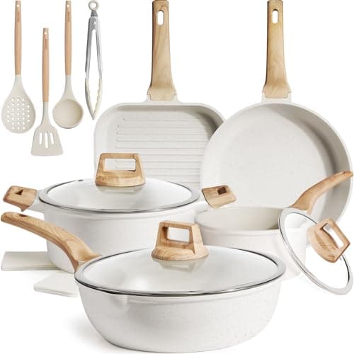 Kikcoin 16Pcs Ceramic Pots and Pans Set Non Stick, Includes a 9.5" Grill Pan, Induction Kitchen Cookware Sets, White Nonstick RV Kitchen Camping Cooking Sets Stackable (PTFE, PFOS, PFOA Free