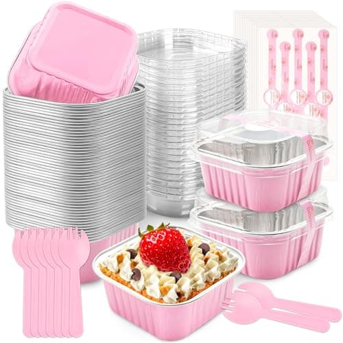 NPLUX 50 Pcs Mini Cake Pans with Lids and Spoons Aluminum Foil Mini Square Baking Cups with Lids Disposable Ramekins Cake Pans Dessert Cups for Wedding Mothers Day Gifts Party Favors(Pink,5o