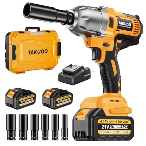 Takuoo Cordless 1/2 inch Brushless Impact Wrench, Max Torque (1200N.m) 900Ft-lbs Electric Impact Gun w/2x 4000mAh Battery, Charger & 6 Sockets, Power Impact Driver for Car Home 2x 4.0Ah Batt