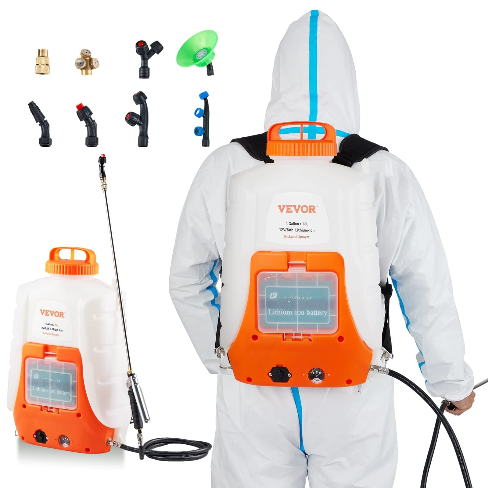 VEVOR Battery Powered Backpack Sprayer, 0-90 PSI Adjustable Pressure, 4 Gallon Tank, Back Pack Sprayer with 8 Nozzles and 2 Wands, 12V 8Ah Battery, Wide Mouth Lid for Weeding, Spraying, Clea