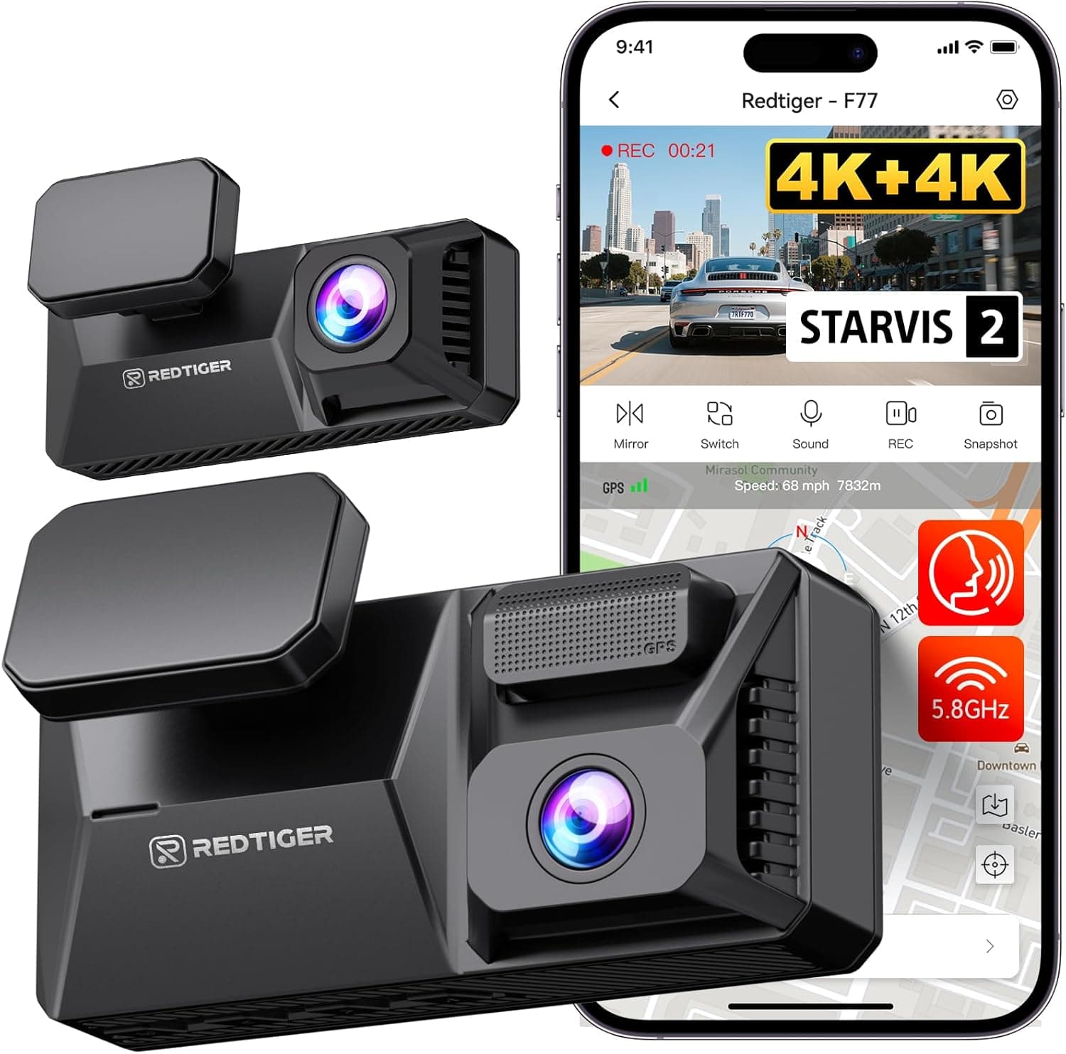 REDTIGER F77 4K+4K Dash Cam Front and Rear, Dual STARVIS 2 IMX678 HDR, Built-in 128GB eMMC, Voice Control Dash Camera for Cars with 5.8GHz WiFi, 4'' Touch Screen, GPS, Night Vision, 24H Park