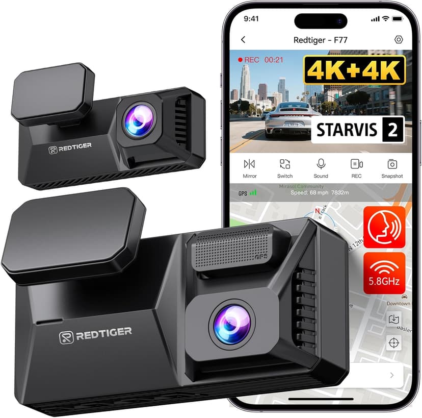 REDTIGER F77 4K+4K Dash Cam Front and Rear, Dual STARVIS 2 IMX678 HDR, Built-in 128GB eMMC, Voice Control Dash Camera for Cars with 5.8GHz WiFi, 4'' Touch Screen, GPS, Night Vision, 24H Park