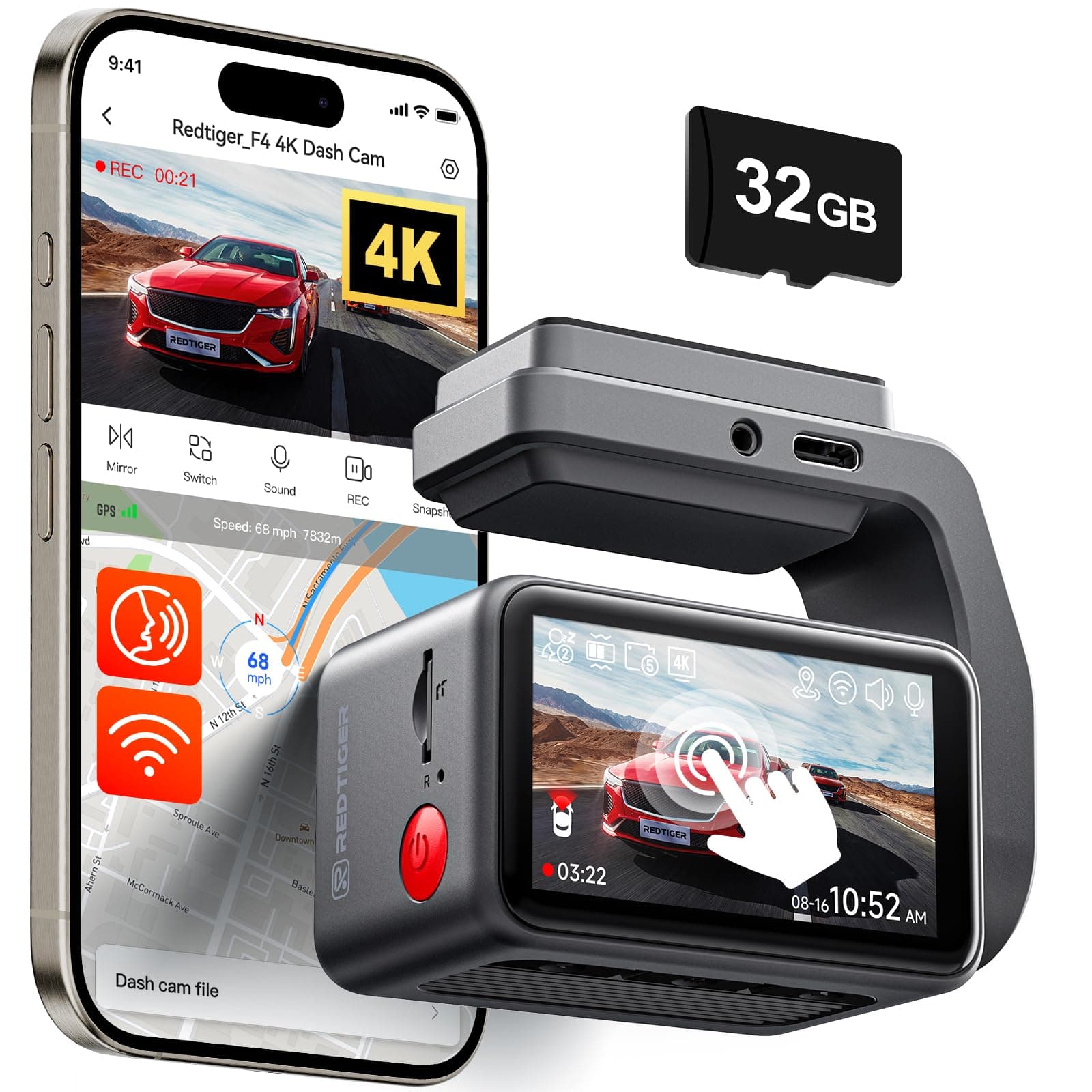 REDTIGER F4 4K Dash Cam Front, 2.2 inch Mini Car Camera, 2160P UHD Touch Screen, Voice Control, Included 32GB Card, Night Vision, Built-in GPS, WiFi APP Control, Loop Recording, 24H Parking