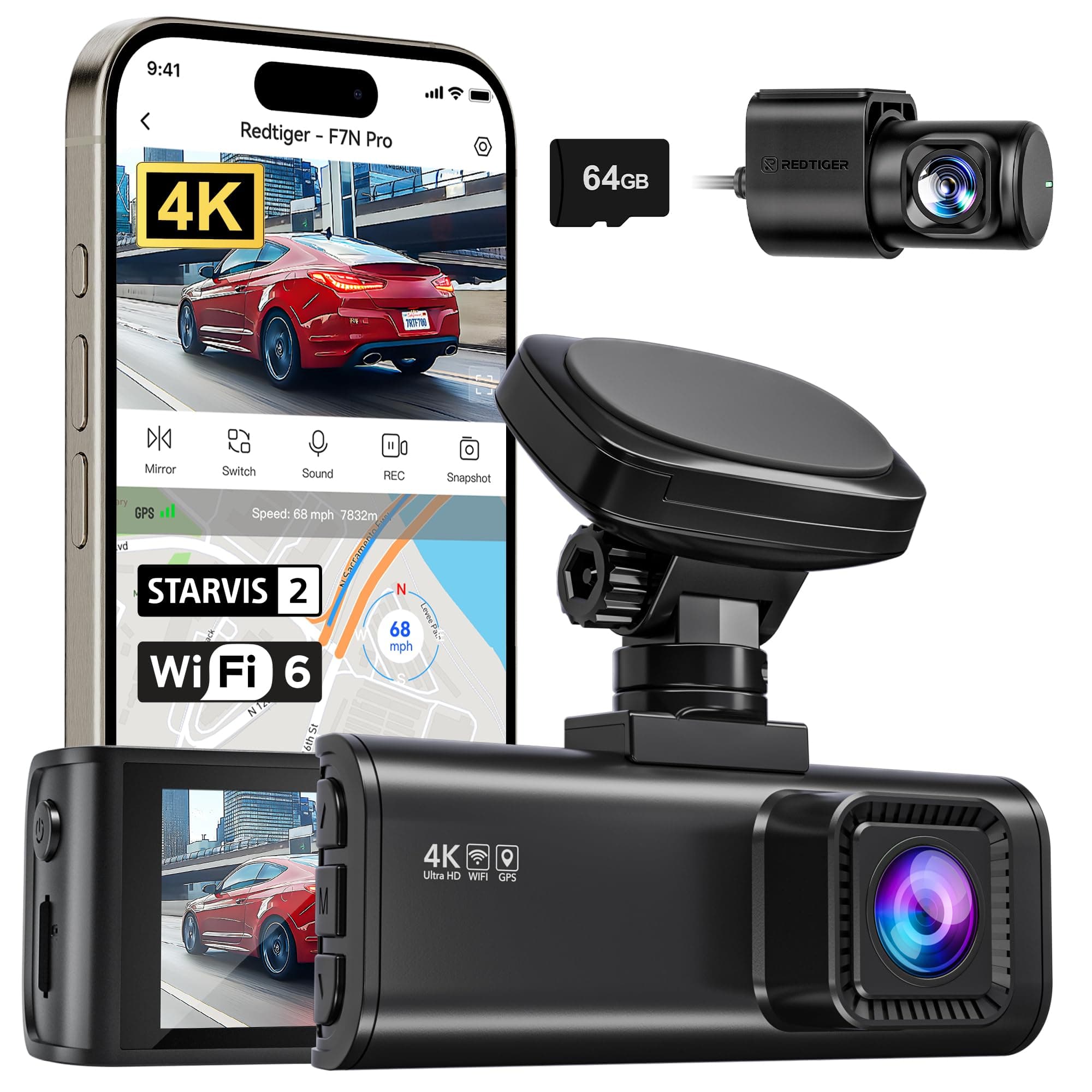 REDTIGER 4K Dash Cam Front and Rear, STARVIS 2 Sensor, 64GB Card Included, 4K/2.5K+1080P Dual Dash Camera for Cars Built-in WiFi GPS, 3.18 Inch IPS Screen, 170° Wide Angle, Parking Monitor (