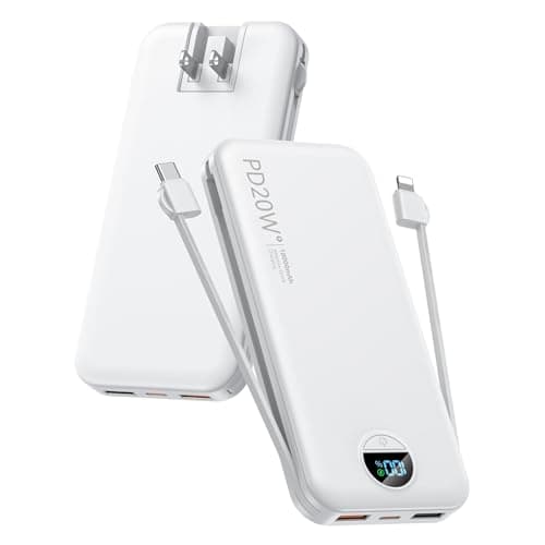 Portable Phone Charger, 10000mAh PD20W Fast Charging Power Bank with Built-in Cables & Wall Plug, External Battery Bank with LED Display, Travel Essential Battery Pack for iPhone, iPad, Sams