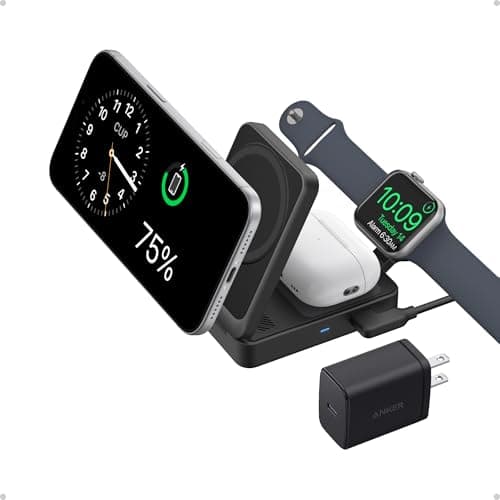 Anker MagGo 3 in 1 iPhone 17 Charging Station, MagSafe-Compatible Wireless Charger Stand, Qi2 Certified 15W Foldable Charger for iPhone 17/16/15/14/13/12, AirPods, Apple Watch Ultra(Adapter