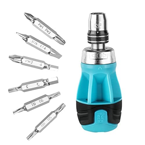 DURATECH Stubby Ratcheting Screwdriver, 12-in-1 Multibit Short Screw Drivers, Premium S2 Steel, Innovated Bits Quick-Load Mechanism, with Phillips, Slotted, Torx, Square Bits Stored in Handl