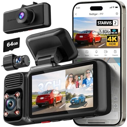 REDTIGER F17 4K 3 Channel Dash Cam, STARVIS 2 IMX675 HDR, 2160P+1080P+1080P Front Inside and Rear Triple Car Camera with 64GB Card, 5.8GHz WiFi GPS, IR Night Vision, G Sensor, WDR, Parking M