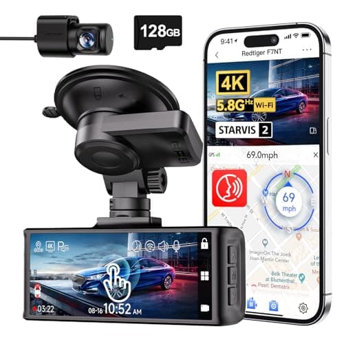 REDTIGER 4K STARVIS 2 Dashcam Auto Vorne Hinten,Touchscreen 3,18 Zoll,Sprachsteuerung,Dash Cam Auto 5.8GHz WiFi 6,GPS,Kostenlose 128GB Karte,2160P UHD-Nachtsicht,Notfall-Sperre,Parkmonitor (