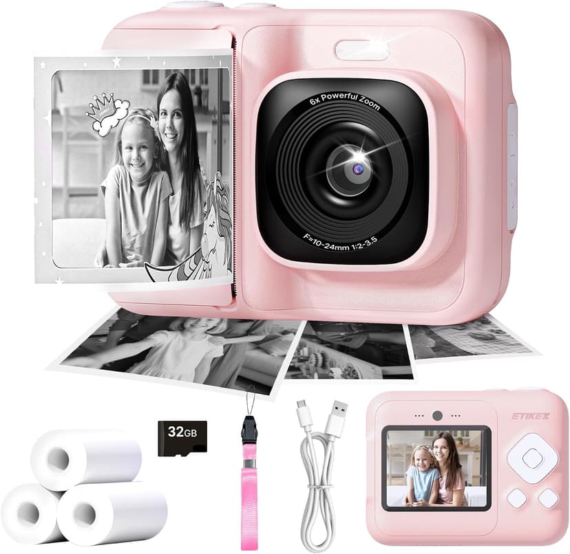 Kids Camera, 1080P Instant Digital Print Camera for Kids, Christmas Birthday Gifts for 4 5 6 7 8 9 10 Year Old Girls Boys, Portable Toy with 32GB SD Card & 3 Rolls Printing Paper, 1 Count, P