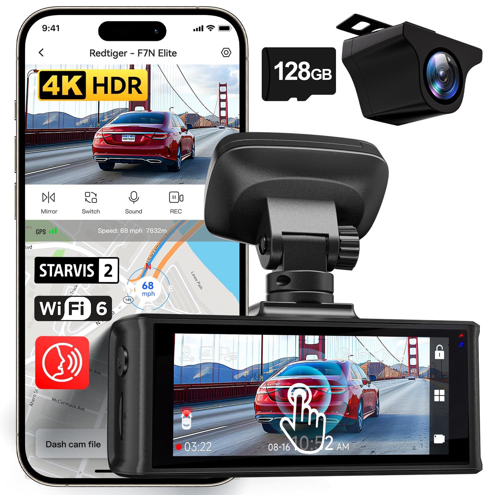 REDTIGER 4K HDR Dash Cam Front and Rear, STARVIS 2 Sensor, 5.8GHz WiFi APP, 3.18" Touchscreen, Voice Control, 128G Card Included, WDR, Dash Camera for Cars with GPS, 24H Parking Mode(F7N Eli