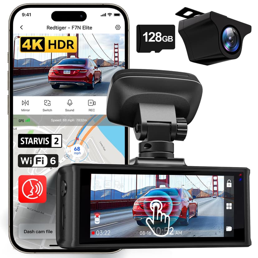 REDTIGER 4K HDR Dash Cam Front and Rear, STARVIS 2 Sensor, 5.8GHz WiFi APP, 3.18" Touchscreen, Voice Control, 128G Card Included, WDR, Dash Camera for Cars with GPS, 24H Parking Mode(F7N Eli